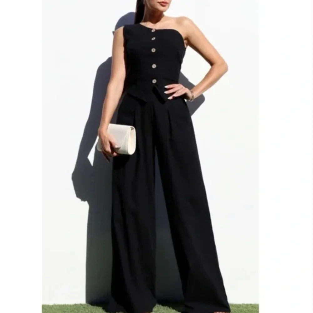 100% Cotton Black One Shoulder 2-Piece Pant Suite Size Large, NWT - Picture 2 of 4